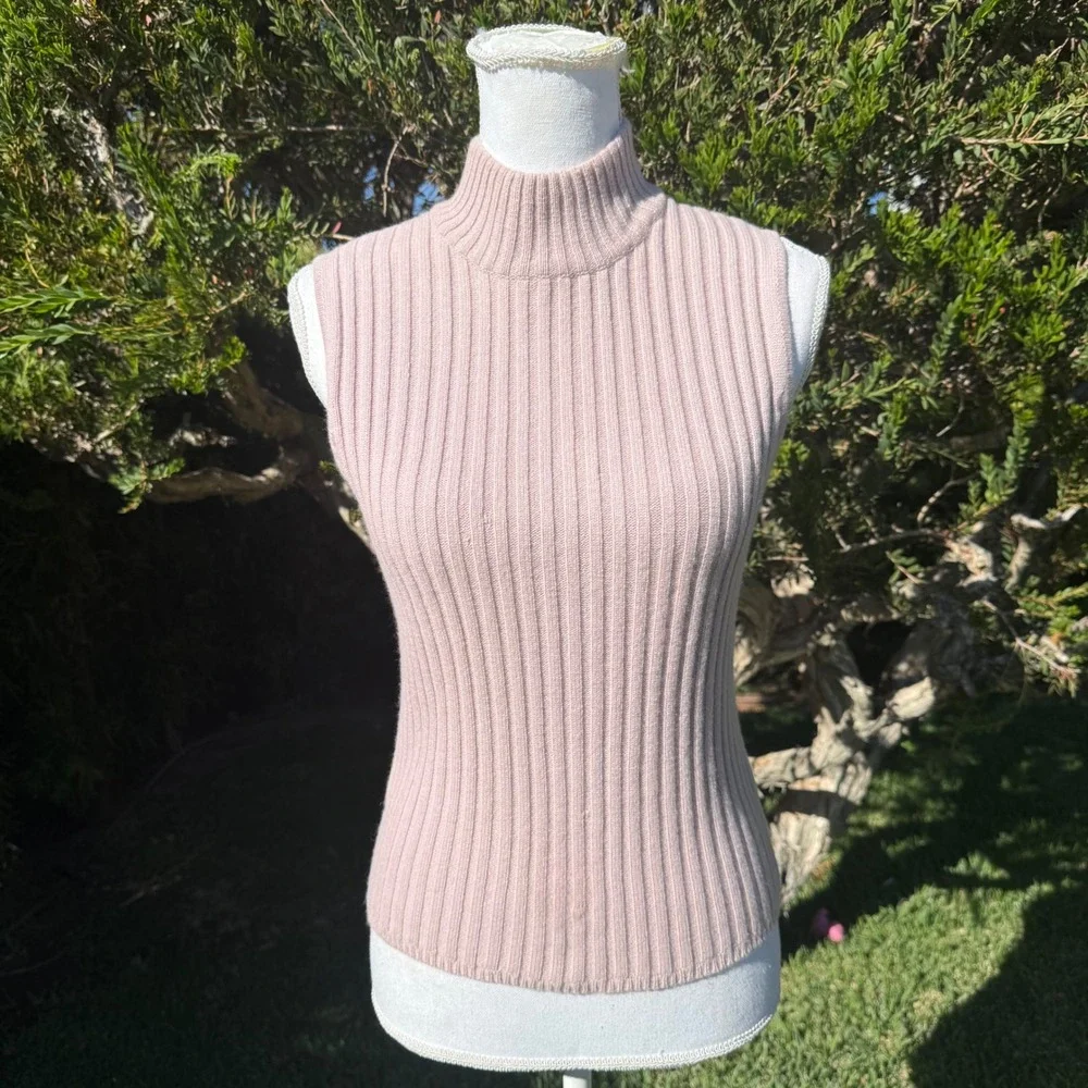 Carlisle Womens 100% Cashmere Ribbed Twin Set Pink Cardigan Shell Mock Neck M